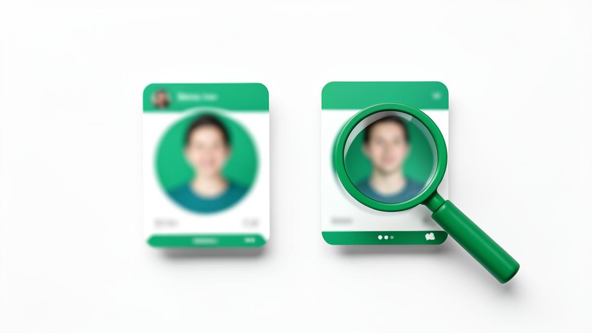 Two blurred dating profile cards being examined with a magnifier
