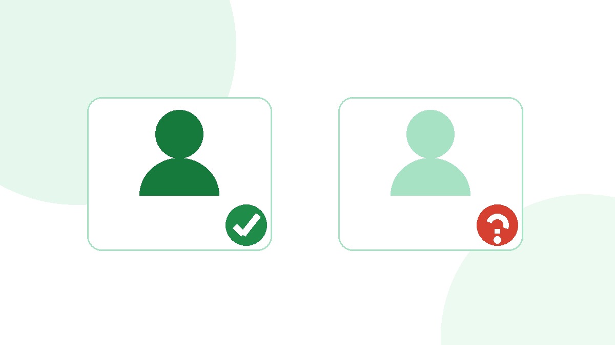 Two profile cards side by side, one verified and one flagged with a question mark