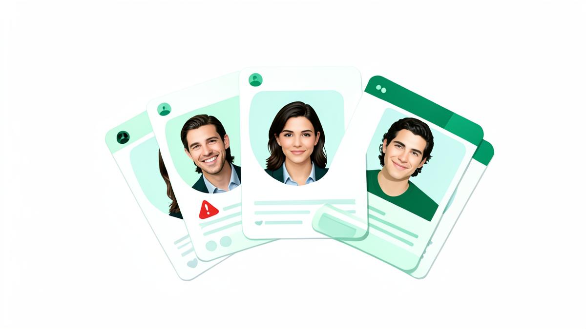 One portrait photo duplicated across several fake social media profile cards