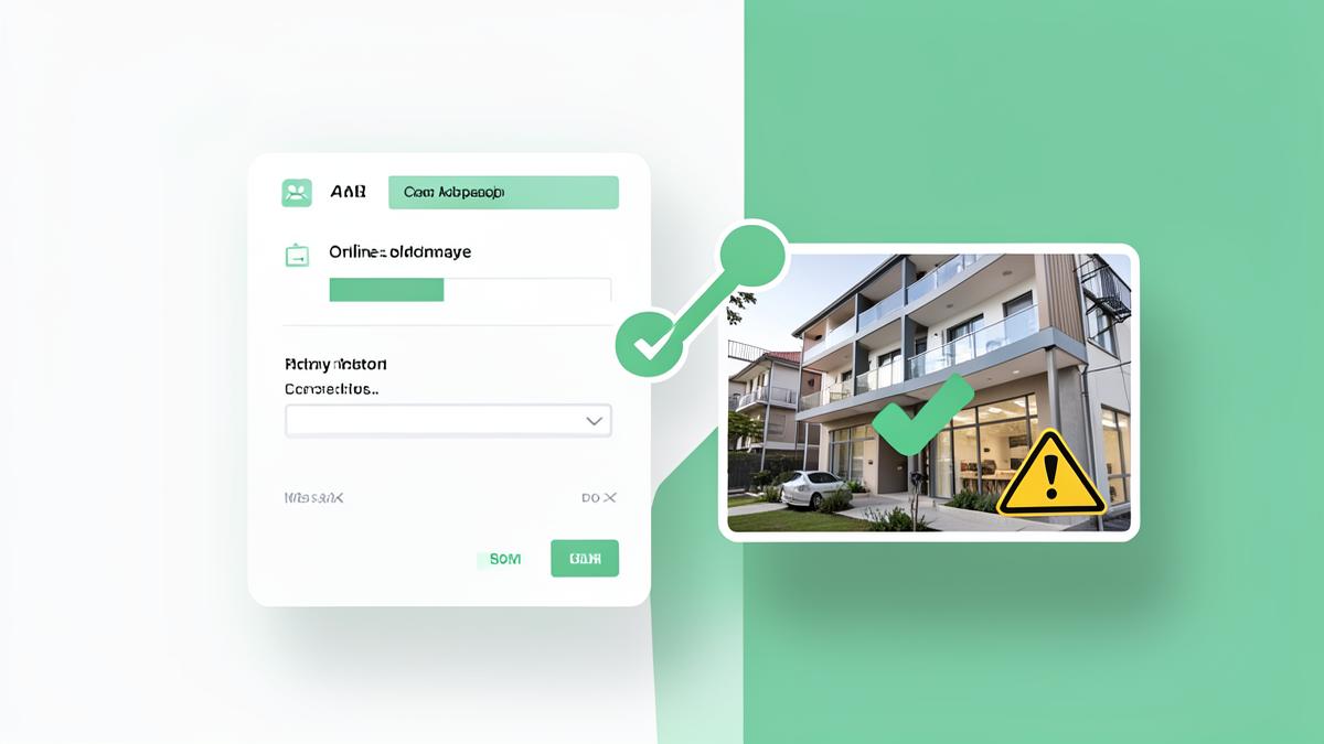 A listing form checked against a property photo with a checkmark and a warning sign